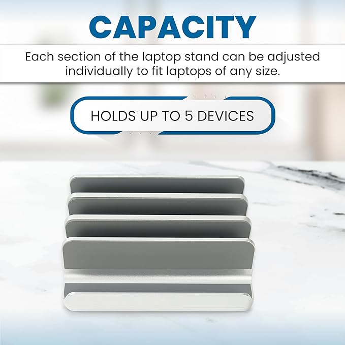 Multiple Laptop Holder Adjustable Laptop Stand Holds 5 Devices, Fits All MacBooks Laptops Tablets and Mobiles (up to 17.3'), Closed Upright Vertical Laptop Stand for Desk