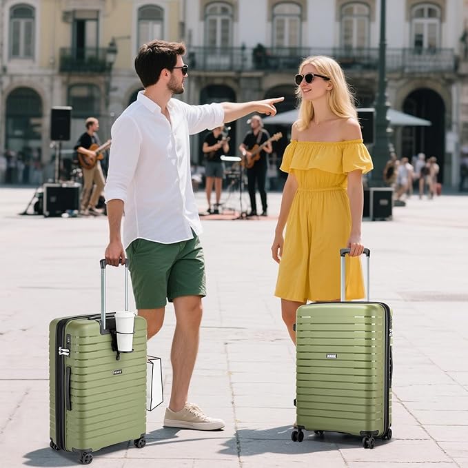 Kono 24 Inch Expandable Luggage Suitcase with Spinner Wheels, Durable Hardside Checked Luggage with Hidden Cup Holder, Lightweight Hard Shell Medium Suitcase with TSA Lock(Green)