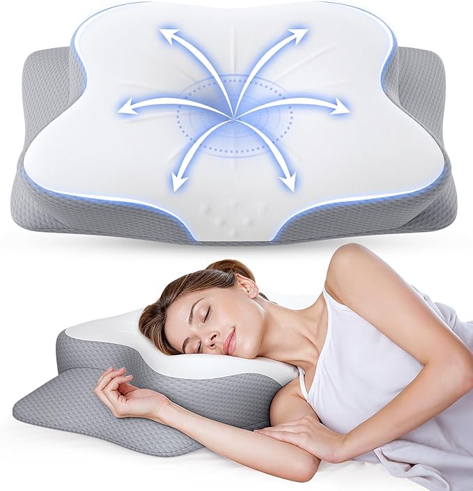 Cervical Pillow for Neck Pain Relief - Ergonomic Memory Foam Pillow with Cooling Case Orthopedic Support Side Sleeper Pillow for Pain Relief Support for Side Back Stomach Sleepers