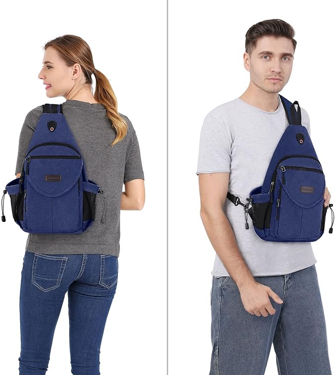 MOSISO Sling Backpack,Canvas Crossbody Hiking Daypack Bag with Anti-theft Pocket, Navy Blue
