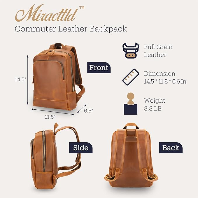 Leather Backpack for Men 15.6" Laptop Backpack 100% Madagascar top-Grain Leather Backpack Light Brown Medium Size