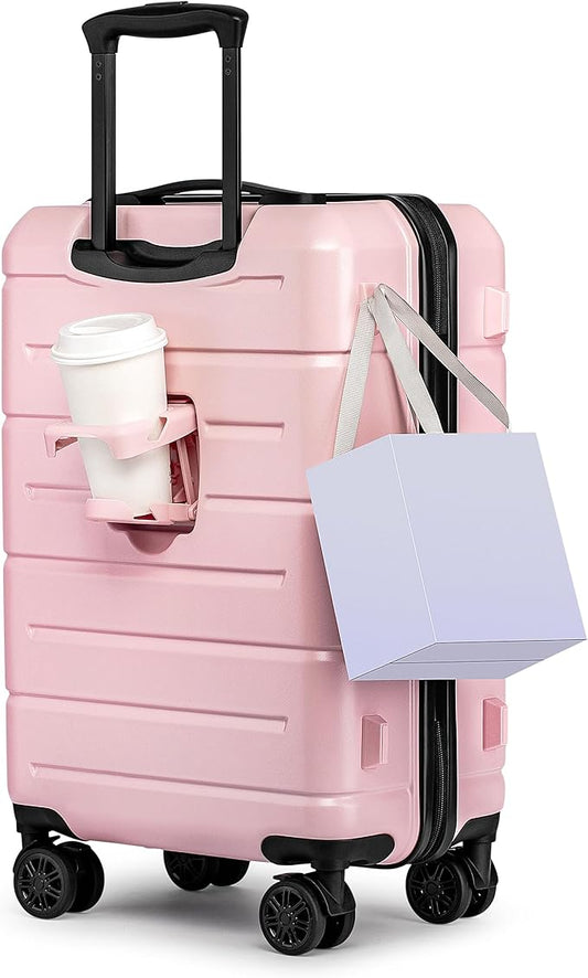 KYME Pink Hardside Carry On Luggage 22x14x9 Airline Approved with TSA Lock Hardshell Carry-On Suitcase with Wheels Travel Rolling 22 inch Luggage with Cup Holder for Women