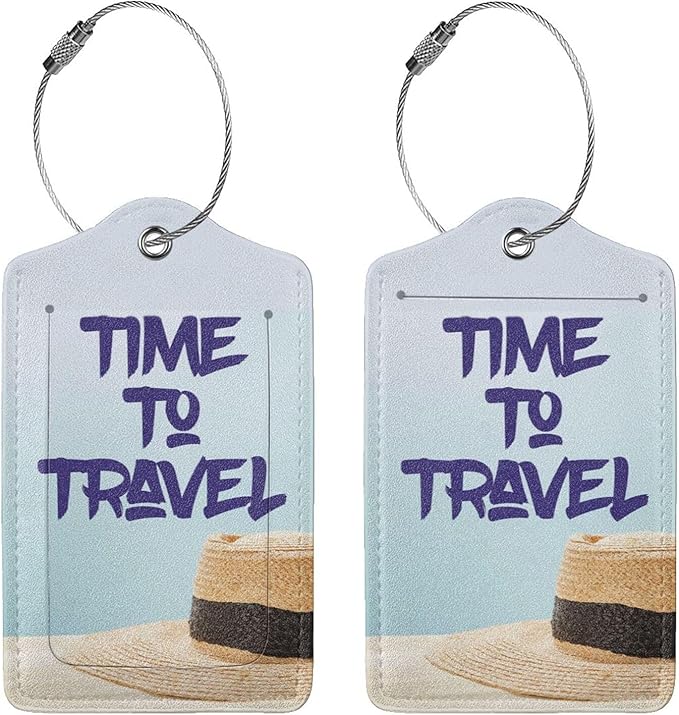 2 Pcs Time to Travel Luggage Tag for Suitcase, Steel Loop with Privacy Cover ID Label, Summer Beach Vacation Holiday Birthday Gift Men Women