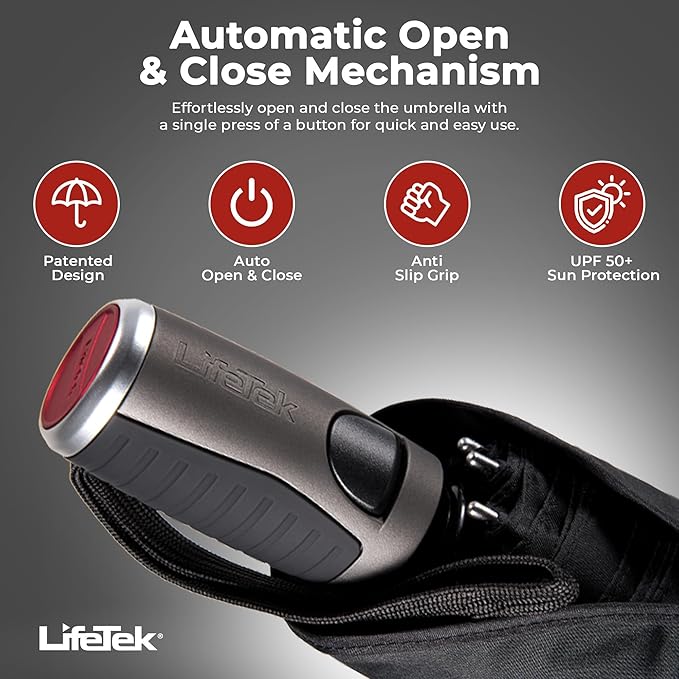 LifeTek Premium Travel Umbrella - Windproof & Compact for Men & Women, Automatic Open Close, Fits in Purse Laptop Bag or Backpack, Strong Frame for Heavy Rain & Sun UV Protection