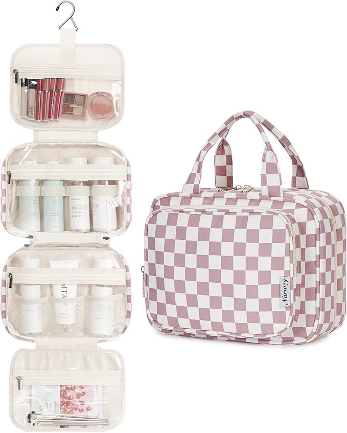 Narwey Hanging Toiletry Bag for Women Travel Makeup Bag Organizer Toiletries Bag for Travel Size Essentials Accessories Cosmetics (Dusty Pink Checkerboard (Medium))