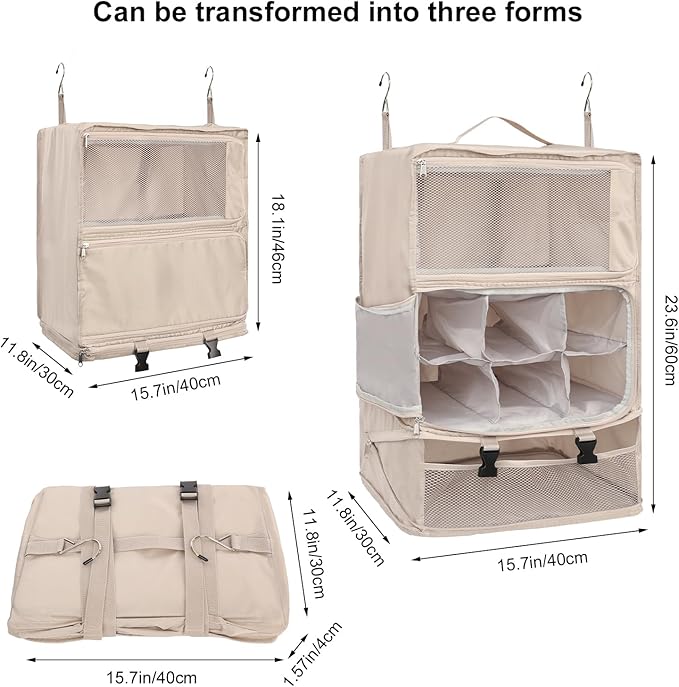 TABITORA Travel Portable Hanging Shelves Closet Organizer Packing Luggage Storage with Multifunctional and Foldable Invisible Compartment,Lightweight, for Suitcase, RV,Closet…Beige,XXL