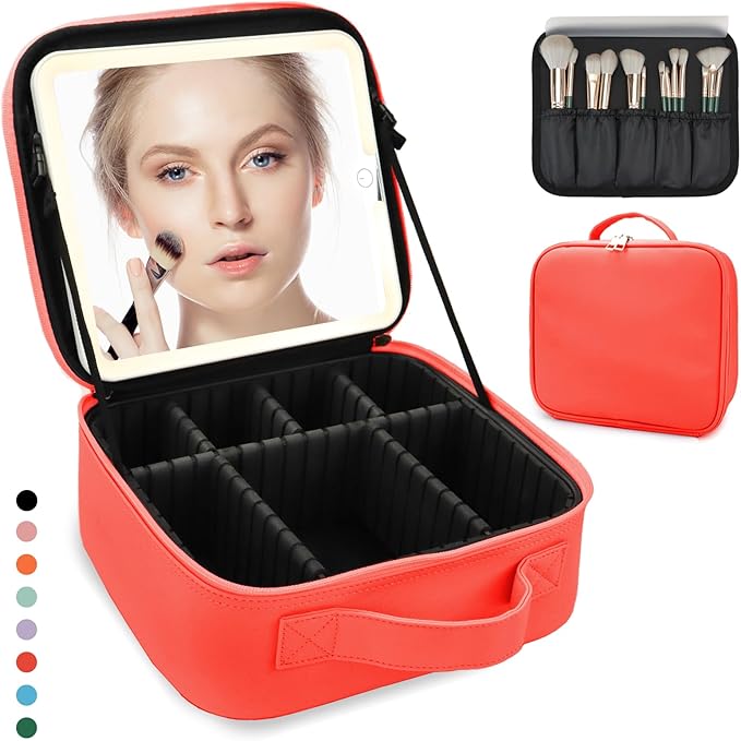 Travel Makeup Bag for Women and Makeup Artists Cosmetic Organizer Large Makeup Case,Travel Makeup Bag with Mirror 3 Color Setting,Portable Storage and Adjustable Dividers(red)