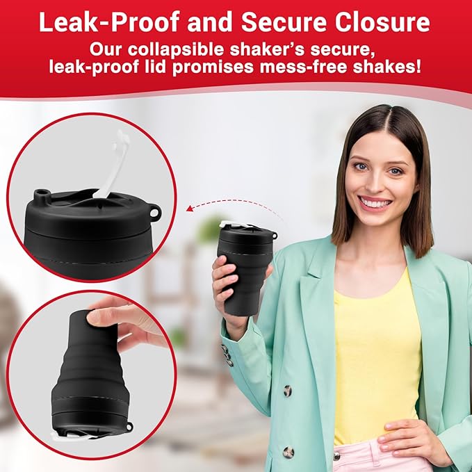 Collapsible Protein Shaker & Water Bottle Food-Grade, Leakproof Lid 600mL/20oz Shaker Cup - Reusable Silicone Shaker Cups for Protein Shakes with Mixing Ball for Gym-goers & Travelers