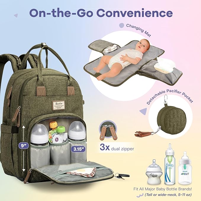 RUVALINO Diaper Bag Backpack, Multifunction Travel Pack Maternity Baby Changing Bags, Large Capacity, Waterproof, Olive Green