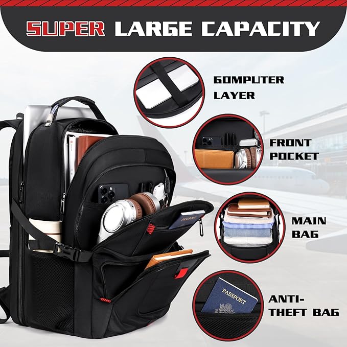 Extra Large 55L Travel Backpack, 18 inch Laptop Bag for Men, TSA Approved Heavy Duty with USB Charging Port, Anti Theft Rucksack for Business Work College, Black