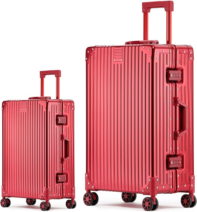 Metal All Aluminum Carry-on Luggage TSA Customs Lock Zipperless Silent Rotary Wheel Business Suitcase Aluminum Frame Set (red, 2Piece(20/28))