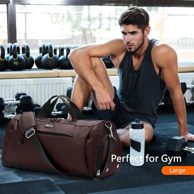 TOPDesign Gym Bag for Women & Men, Unisex Duffel Bag with Shoe Compartment & Wet Pocket for Travel Sports Gym (M Brown)