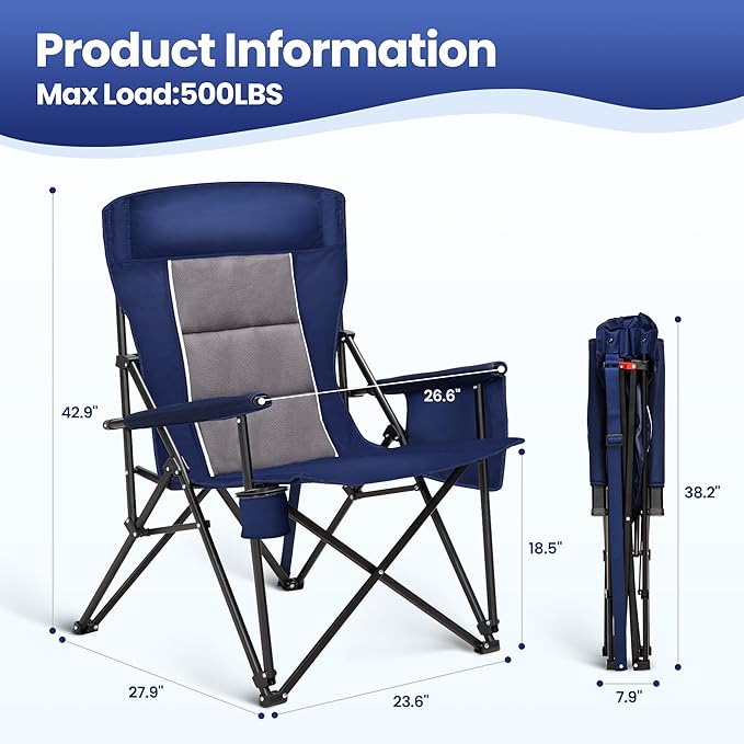HIGH POINT SPORTS Oversized Camping Chairs for Adults, High Back Heavy Duty Lawn Folding Chair Support 500LBS, Padded Portable Outdoor Chair with Cup Holder, Blue