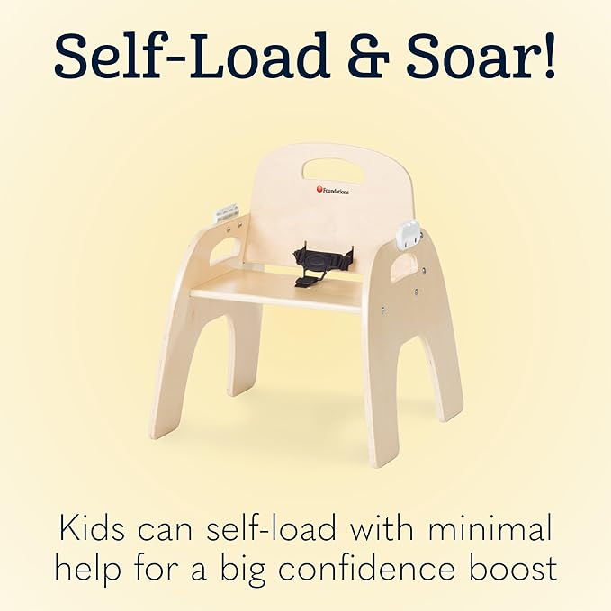 Foundations Easy Serve 7" Wood Feeding Chair for Toddlers, Adjustable Harness, Removable Dishwasher Safe Tray, “No Tip” Base, Baltic Birch Plywood
