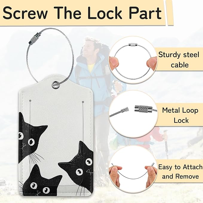 Black Cat Luggage Tag for Suitcase,Design with Privacy Flap Name ID Label Metal Loop, 3 Pack