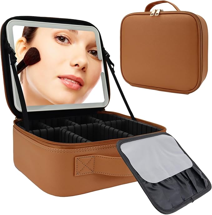 Travel Makeup Bag with LED Mirror Travel Makeup Organizer with 3 Lighted Settings, Adjustable Dividers and Makeup Brush Storage Bag Caramel