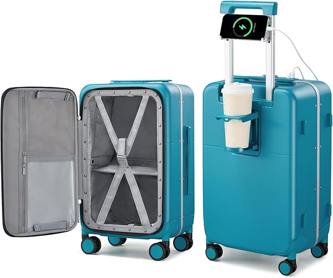 Hanke 24 Inch Luggage with Cup Holder and Charge,Top Opening Hard Shell Suitcases with Wheels and Dividers,Aluminum Frame Trunk Luggage Medium Checked Suitcase with Lock for Travel,Caribbean Blue