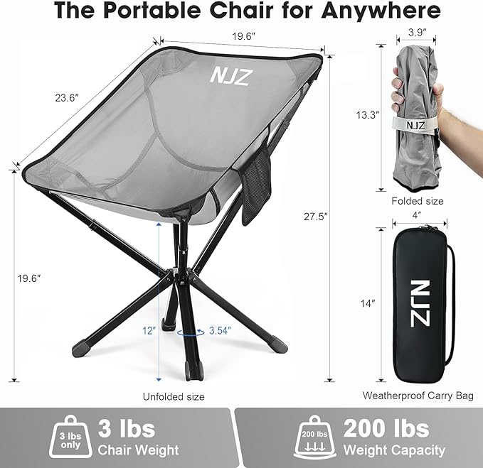 Lightweight Camping Chairs - Set up in 15s, Collapses to 13 Inches -Portable Chair with Carry Bag, Compact Folding Chair for Travel, Picnics, Lawn, Beach, Support 200 LBS - Sliver