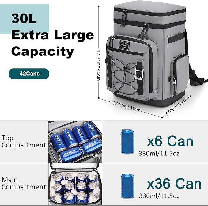 42Cans Cooler Backpack Insulated Leak Proof for Men & Women, Large Waterproof Backpack Cooler for Beach, Picnic, Outdoor, Leakproof, Multi-Functional