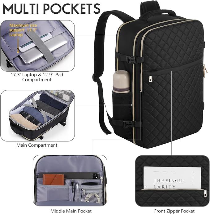 MOMUVO Travel Backpack for Women, Carry On Backpack Airline Approved with 3 Packing Cubes,Laptop Backpack with USB Charging Port, Casual Daypack for Weekender Business College, Large