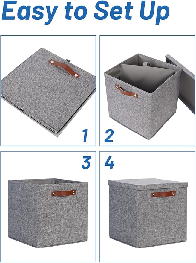 Temary Fabric Storage Bins with Lids 13 Inch Storage Cubes with Lid, Decorative Foldable Storage Boxes for Clothes, Closet Organizers (Grey, 13x13x13inch)