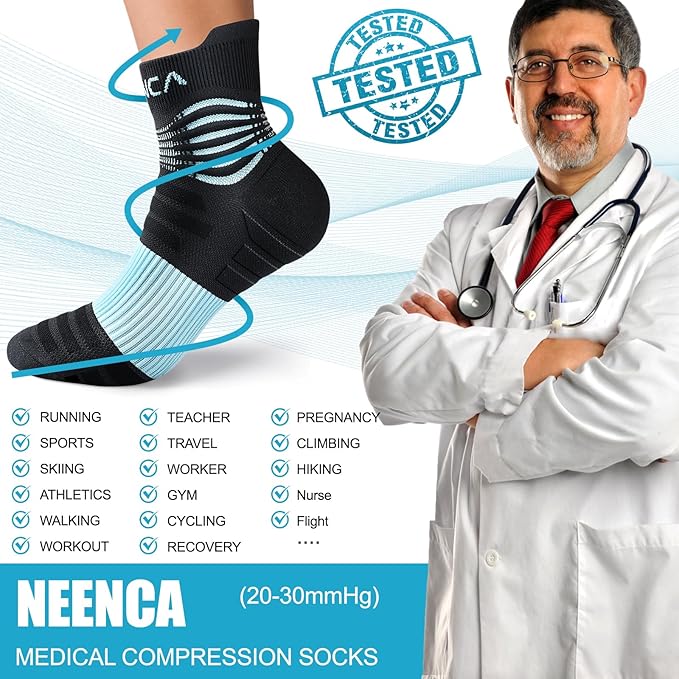 NEENCA Medical Compression Socks for Women & Men Circulation—2 Pairs, Ankle Compression Stockings for Pain Relief, Plantar Fasciitis, Swelling, Running, Nurses, Travel, Pregnancy, Flying. 20-30 mmHg