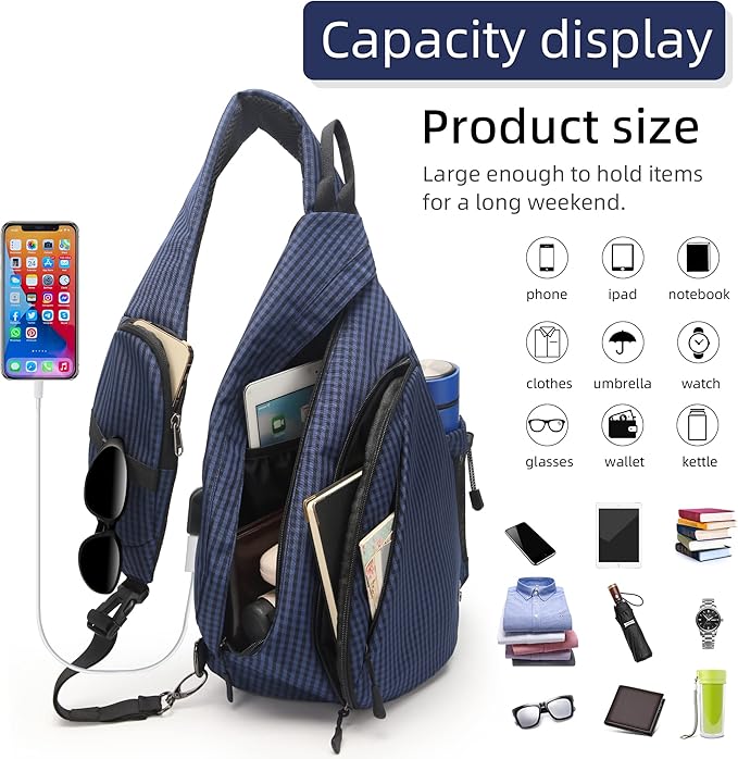 Water-Proof Sling bag/Crossbody Backpack/Shoulder Bag with USB Charging Port for Travel, Hiking, Cycling, Camping