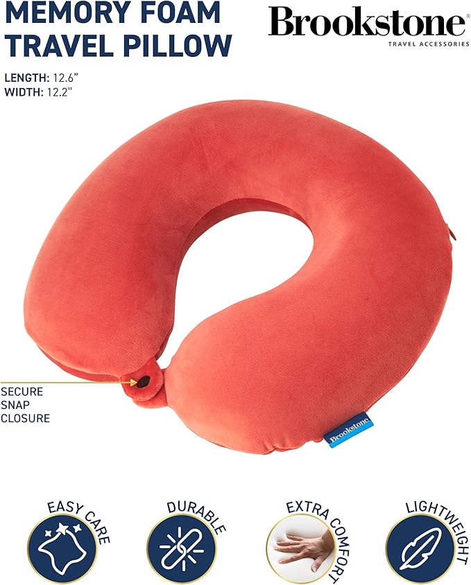 Brookstone Travel Neck Pillow - Lightweight Fleece Casing U-Shaped Stuffable Memory Foam Travel Pillow for Sleeping and Neck Support, Terra Cotta