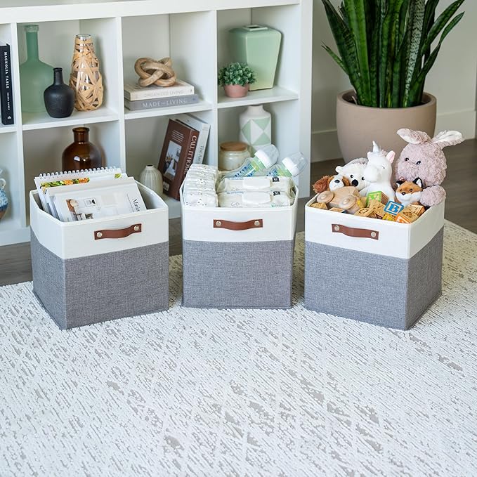 OrganiHaus 12x12 Fabric Storage Bins - Set of 4, Cube Fabric Organizer Bins with Vegan Handles, Kallax Storage Cubes, Cubbies Organizer Boxes, 12Inch Cubic Baskets for Shelves - Grey / White