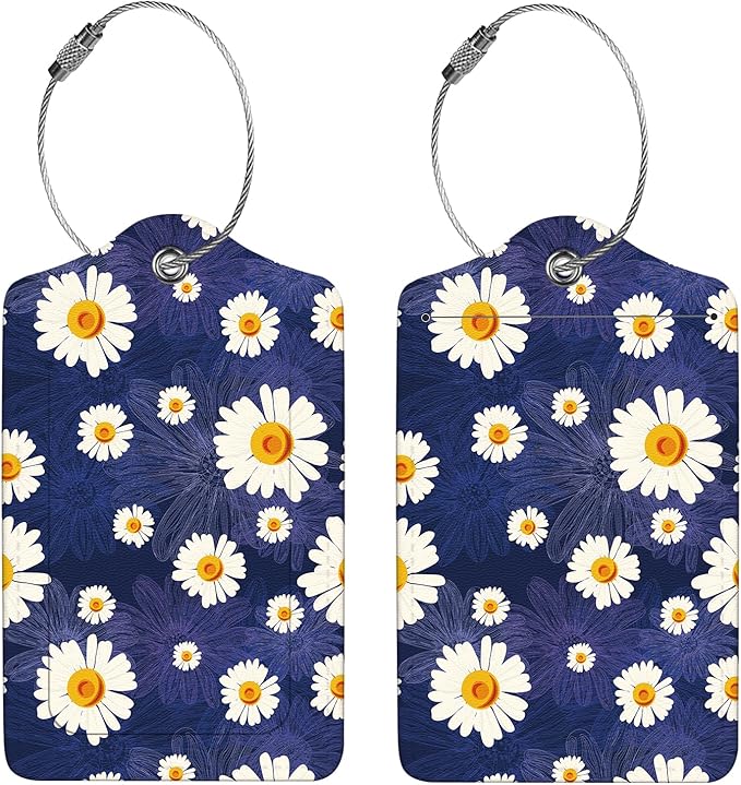 2 Pcs Luggage Tags for Suitcase, Cute Unique PU Leather Travel Bag Tag with Privacy Cover ID Label Address Card and Durable Metal Ring Suitable for Men Women Children Backpack,White Daisy