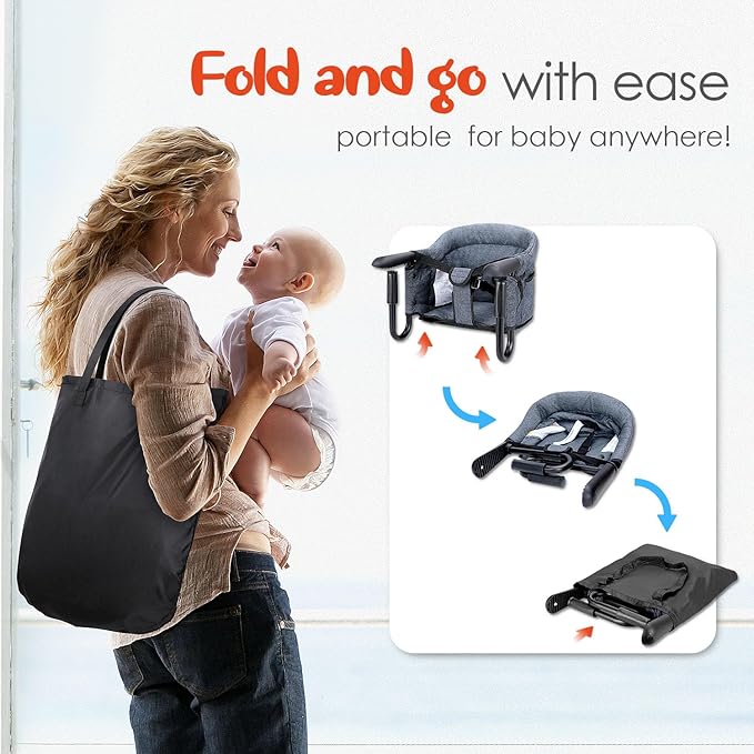 Hook On High Chair - Portable & Foldable for Babies 6-36 Months, Family & Travel Use with Carry Bag (Grey)