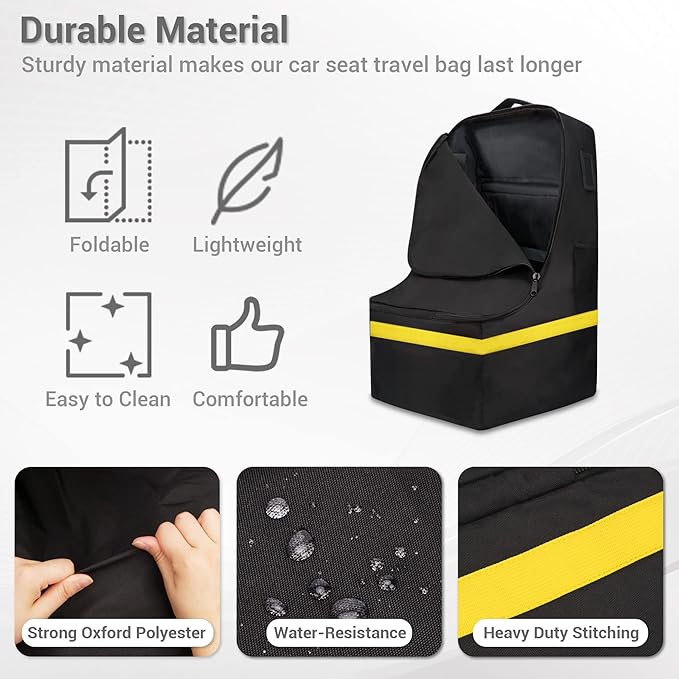Car Seat Travel Bag - Padded, Comfortable, Durable, Roomy Gate Check Carseat Cover Backpack Fits 3-in-1，Convertible, Booster & Infant Car Seats for Airplane, Airport, Yellow
