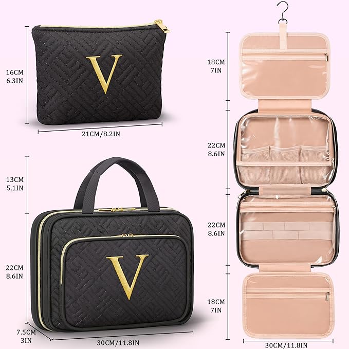 Gifts for Women, Initial Toiletry Makeup Bag Hanging Cosmetic Organizer with Embroidery Letter Personalized Nurse Teacher Appreciation Gift Birthday Christmas Gifts for Mom Sister Wife Friend Auntie