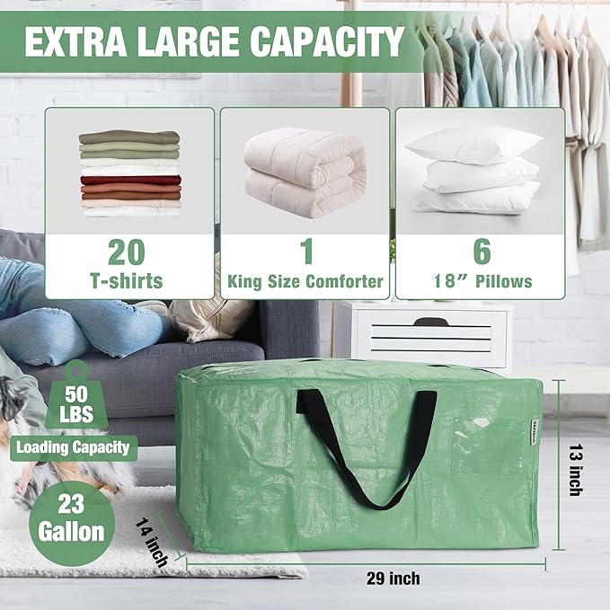 WORKPRO 6 Pack Extra Large Moving Bags with Zippers & Carrying Handles Backpack Straps, Heavy-Duty Storage Tote for Space Saving & Storage, Alternative to Moving Box (Green)