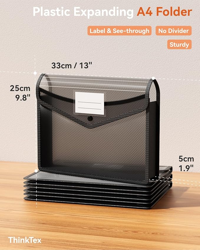 ThinkTex Plastic Expanding File Folder, Transparent envelopes with Snap Closure, No Dividers, Large Capacity, Fit Letter/A4 Size - 5 Packs
