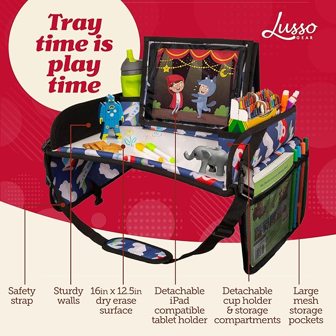 Lusso Gear Kids Travel Tray for Car - Road Trip Essentials for Kids - Car Seat Tray for Toddlers & Kids - Lap Tray for Airplane, Kids Travel Desk, Road Trip Activities (Airplanes)
