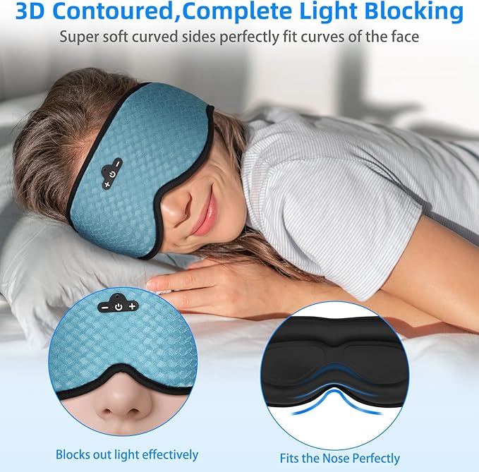 3D Sleep Mask with Bluetooth Headphones, Sleeping Headphones for Side Sleepers, Zero Eye Pressure, Adjustable Sleep Eye Mask, Ultra-Thin Stereo Speakers Perfect for Sleeping-Peacock Blue