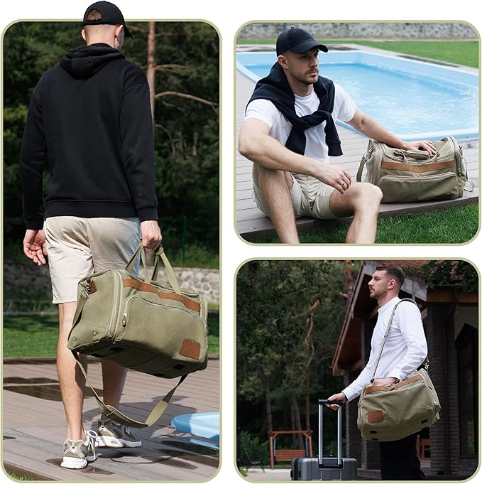 SHOWKOO Duffle Bag for Travel 60L Expandable Canvas Travel Bag Durable Vintage Weekender Overnight Carry On Bag for Men(Army Green)