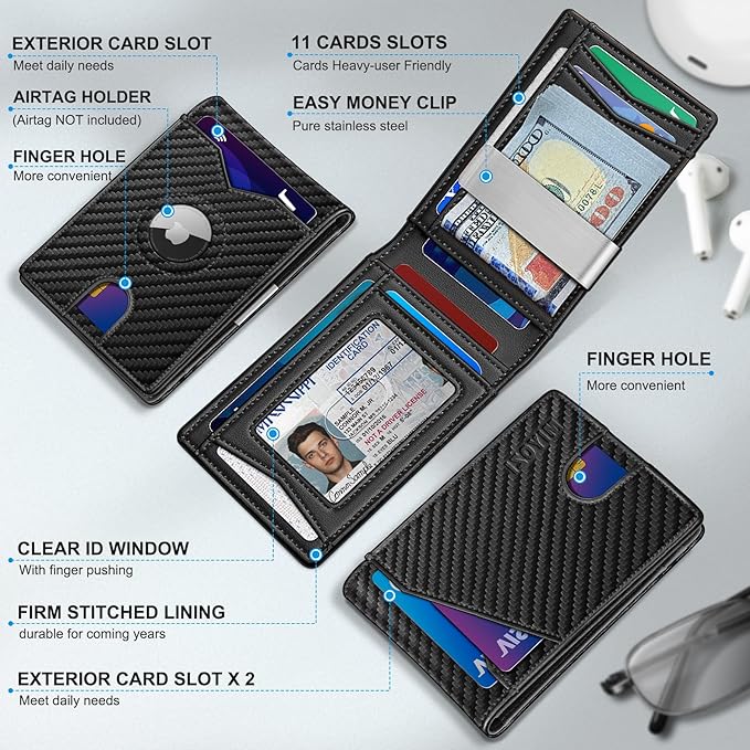 Airtag Wallet for Men,with Money Clip 11 Cards Slim Front Pocket Leather RFID Blocking Wallet with Gift Box