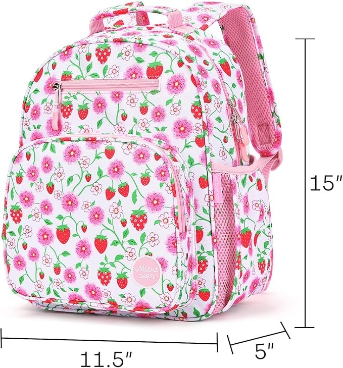 mibasies Girls Backpack 5-8: Lightweight Kids Backpacks for Girls - Girl Bookbag for Elementary School - Strawberry Floral Pink