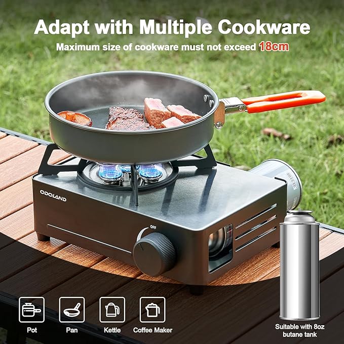 Odoland Portable Camping Stove 7500 BTU Camp Stove Lightweight Butane Gas Stove for Camping Cooking Outdoor Backpacking and Picnic (Black)