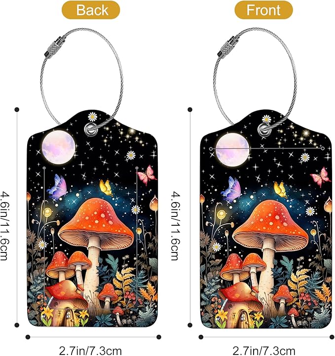 2Pack Luggage Tags for Suitcases, Cute Unique Pu Leather Cruise Luggage Tag with Privacy Cover ID Label Address Card and Metal Ring Suitable for Women Men Kids Travel Bag Mushrooms and The Moon