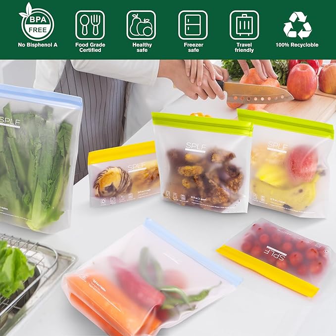 SPLF 10 Pack Stand-Up Reusable Snack Bags Dishwasher Safe, BPA Free Food Storage Bags, Extra Thick Leakproof Freezer Bags Silicone Snack Pouch For Candy, Fruits, Cereal, Home Organization