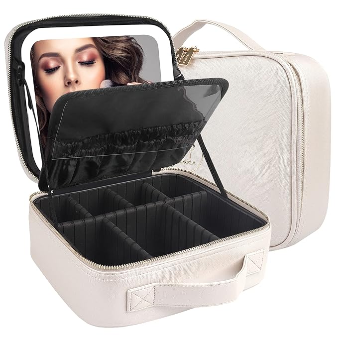 MOMIRA Makeup Bag with Mirror and Light Travel Makeup Train Case Cosmetic Bag Organizer Portable Artist Storage Bag with Adjustable Dividers Makeup Brushes Storage Organizer Brilliant Creamy White