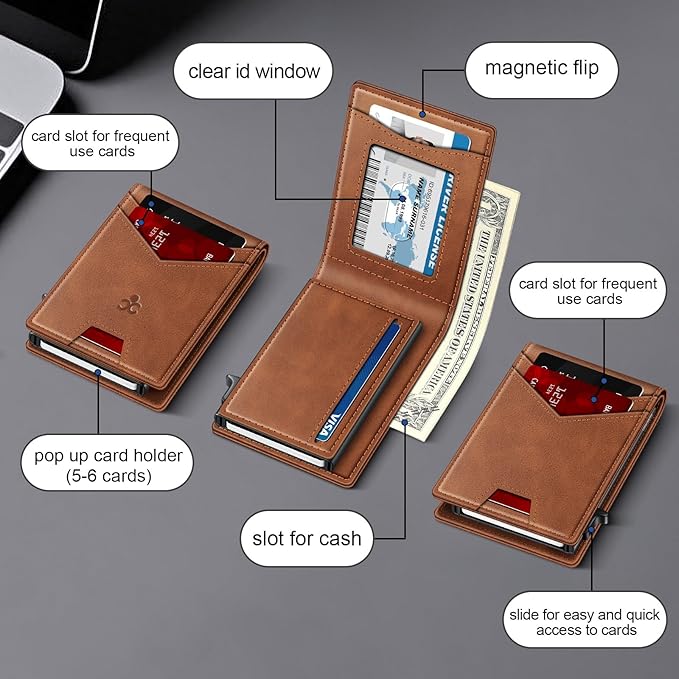 Wallet for Men Wallet with Slim Pop Up Card Holder for 12-14 Cards, RFID Blocking Bifold Minimalist Smart Wallet, Credit Card Holder with ID Window & Cash Slot, Compact Metal Card Case, Gifts for Men