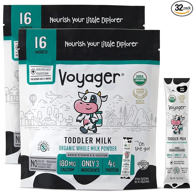 Voyager Toddler Milk On The Go, USDA Organic Shelf Stable Whole Milk Powder, Great for Travel, No Refrigeration, Gluten Free with No GMO's and No Antibiotics for Kids, 32 Sachets of 15g - 2 Pack