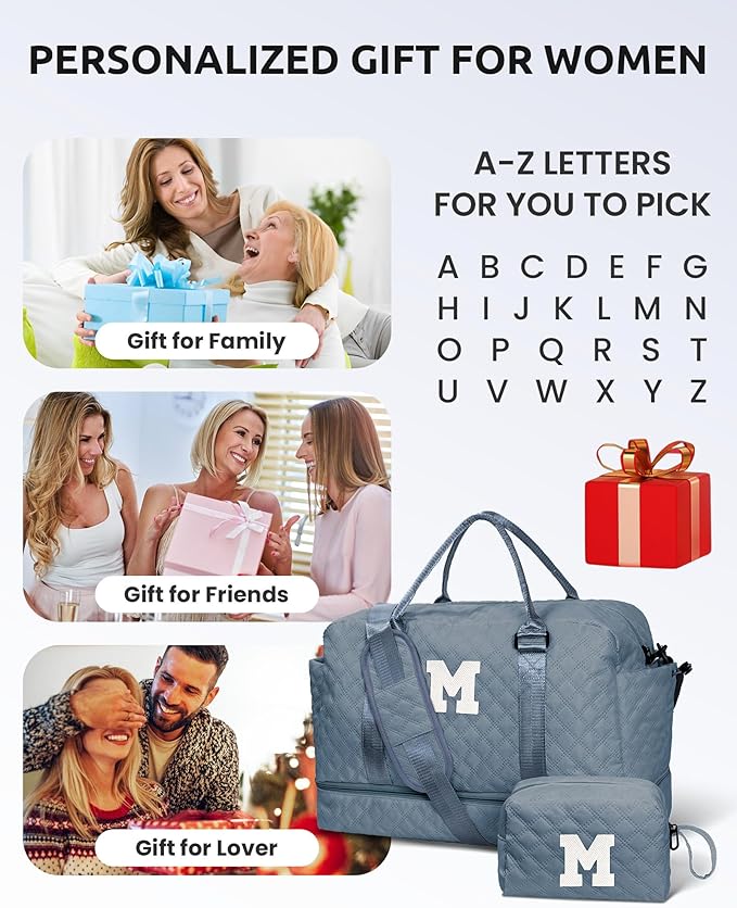 Personalized Weekender Bag for Women With Shoe Compartment, Monogram Overnight Travel Bag, Makeup Bag Included - Gifts for Daughter, Sister, Friend, Girlfriend (Letter M)