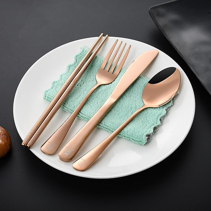 Boulder Bee Travel Utensils Set | Reusable Camping Cutlery Set | Stainless Steel Flatware Set | Portable Silverware Set with Case | Includes Knife/Fork/Spoon/Chopsticks/Cleaning Cloth/Case (Rose)