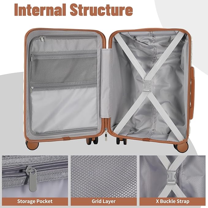 Lightweight Luggage with Spinner Wheels & YKK Zipper, 3-Piece Suitcase ABS+PC Hardside Luggage Set with TSA Lock for Women Men, Apricot Off White (20+24+28 inch)