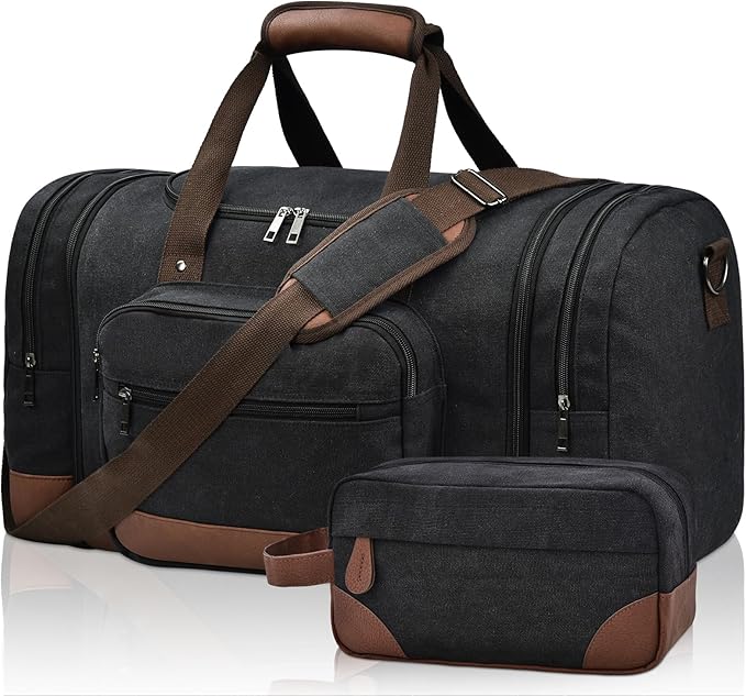 Litvyak Duffle Bag for Travel, 50L Canvas Travel Duffel Bags Overnight Weekend Gym Carry On Luggage Bag for Men & Women(Black+Toiletry Bag)